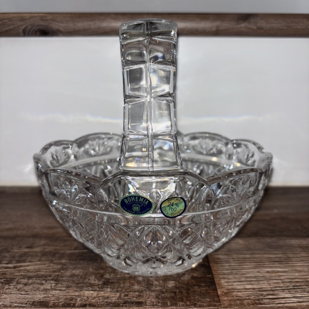 Bohemia Czech Republic Lead Crystal Clear Cut Glass Basket with Handle